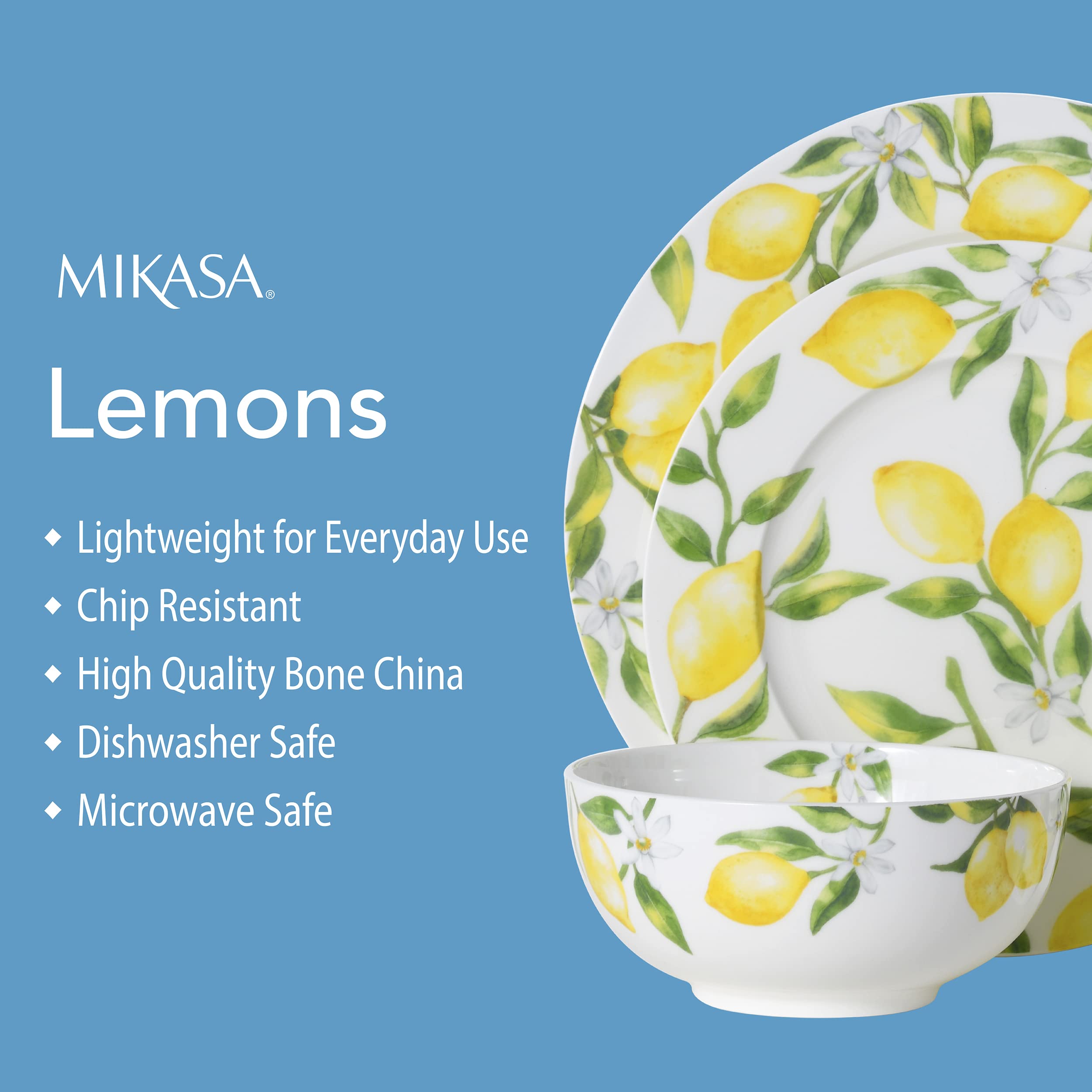 Mikiasa Lemons Bone China Lightweight Chip Resistant Set Of 4 Pasta Bowls, 8.5 Inch